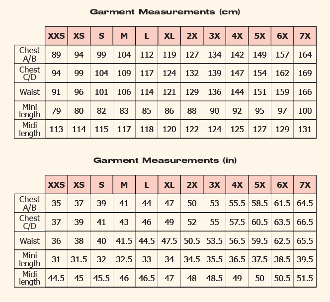 Measurement chart for finished garments with sizes and dimensions in centimeters and inches.