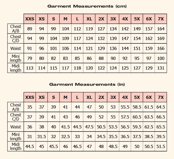 Measurement chart for finished garments with sizes and dimensions in centimeters and inches.